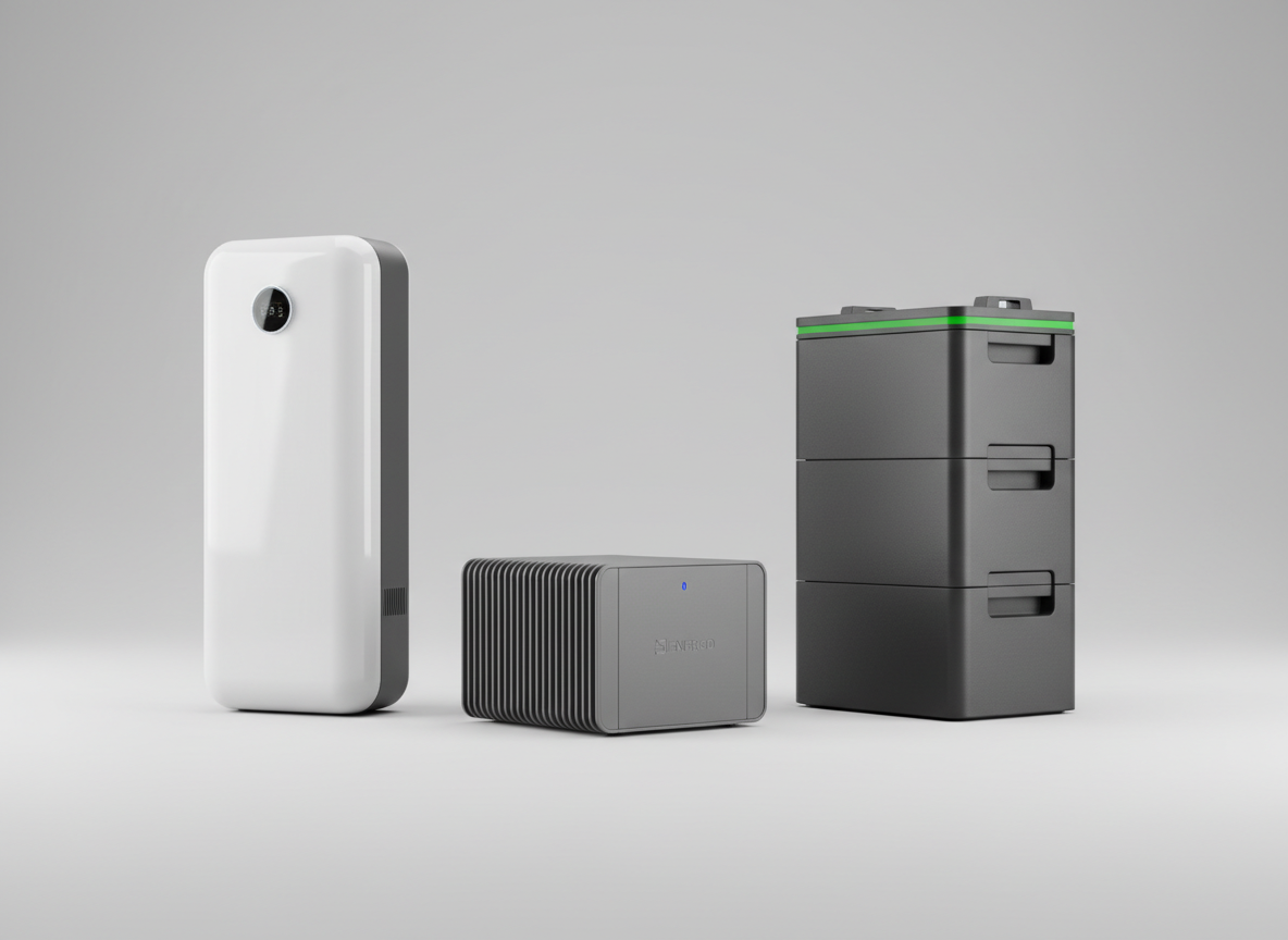 A crisp comparison layout featuring three different home battery units from various brands, standing side by side in a neutral studio environment. One is a tall, slim white tower with rounded edges, another a compact horizontal gray unit with ribbed sides, and the third a modular stack of dark graphite blocks. They are placed on a seamless light gray floor and backdrop, evenly spaced. Soft, even studio lighting minimizes harsh shadows while creating subtle reflections and highlights on each texture. Photographic realism and a front-facing, slightly elevated camera angle ensure all details are visible. The mood is objective and professional, ideal for illustrating brand and capacity differences without clutter or distraction.