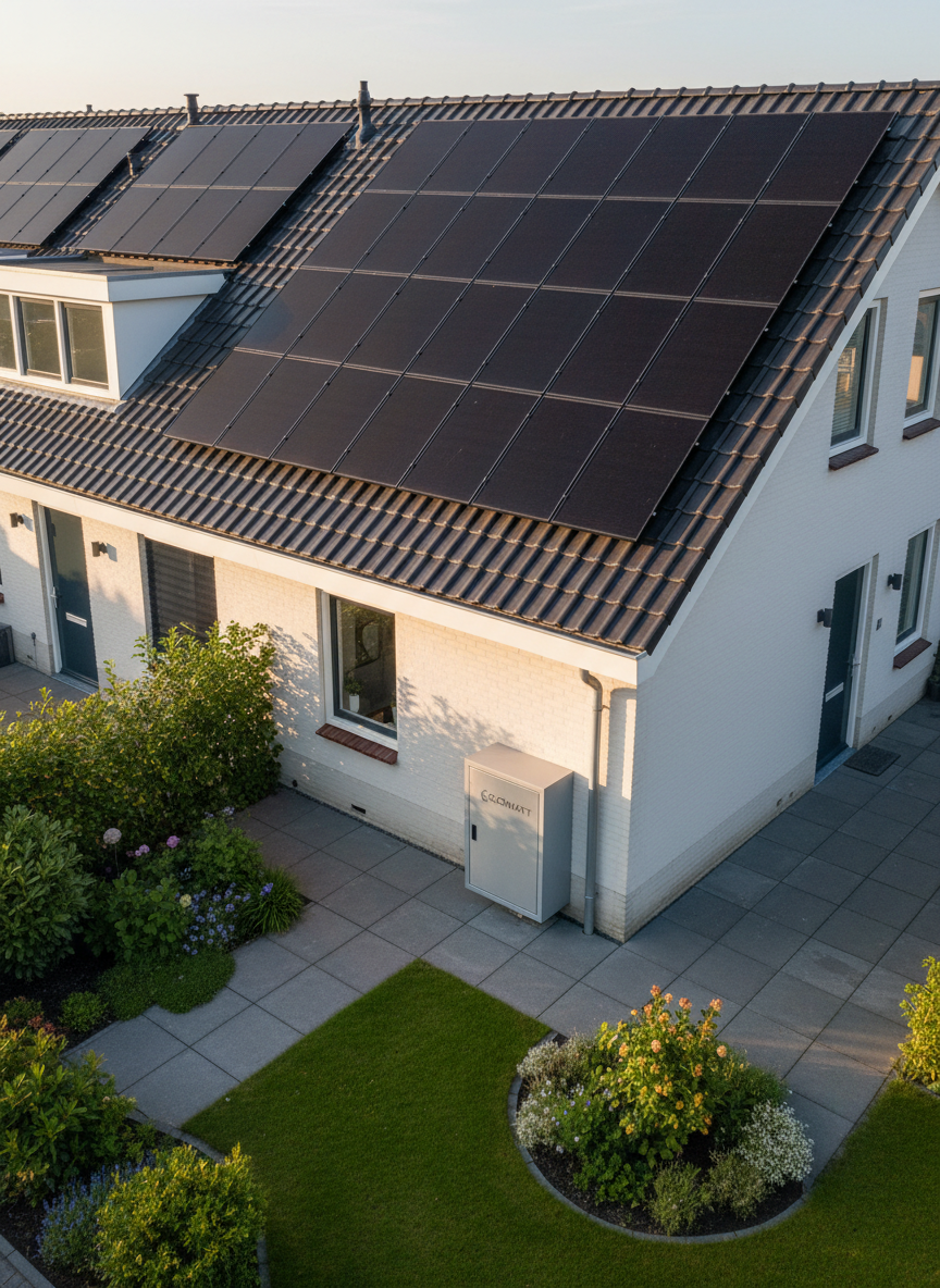 A contemporary Dutch terraced house exterior with a dark tiled roof fully equipped with black-framed solar panels, connected to a compact home battery cabinet beside the back wall. The cabinet has a brushed aluminum finish with discreet branding, placed on neatly laid concrete tiles near a small, well-maintained garden. Late afternoon golden-hour sunlight bathes the scene, highlighting the panels’ glass surfaces and casting long, soft shadows across the facade. Shot from a slightly elevated angle to show the full energy system, the composition uses the rule of thirds to balance roof and garden. Photographic realism and a clean, professional mood emphasize sustainable, future-proof home energy.