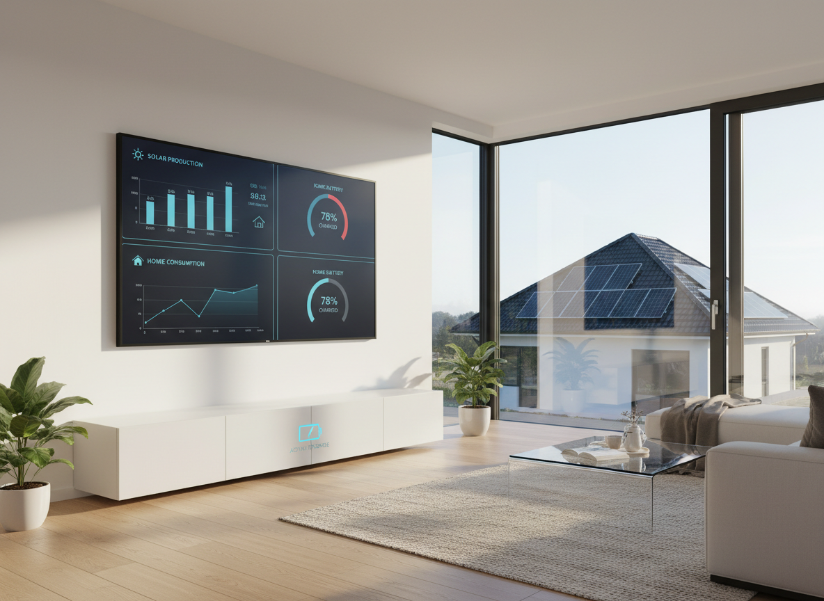 A bright, modern living room with a large wall-mounted display showing a detailed smart energy dashboard: solar production, home consumption, and home battery charge status in clear graphs and icons. Below the screen, a low white cabinet discreetly hides the battery system, with a small illuminated symbol indicating active storage. Outside the large glass sliding doors, solar panels are visible on a neighboring roof. Soft morning daylight fills the room, reflecting subtly off light oak flooring and a minimal rug. The scene is captured from a corner at eye level, with sharp focus and balanced composition, conveying a calm, intelligent, and professional atmosphere of smart, efficient home energy management.