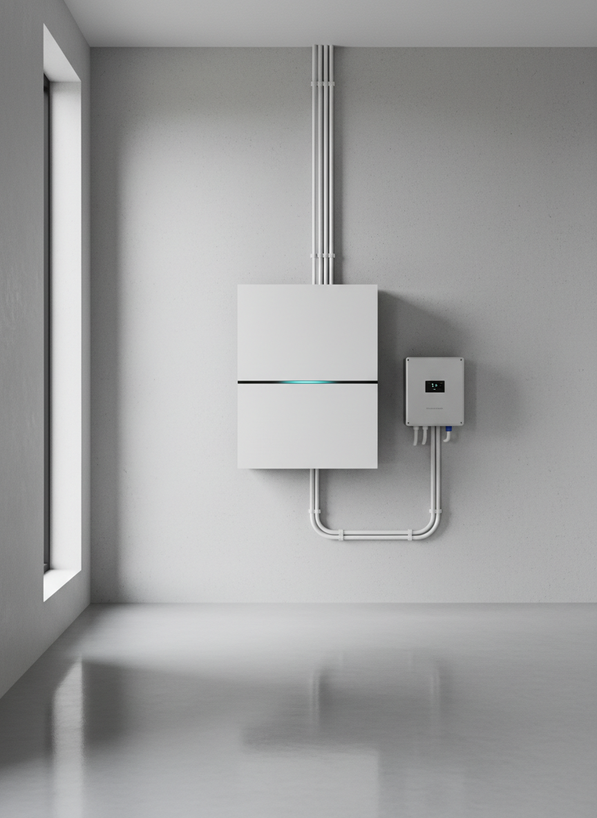 A sleek, wall-mounted home battery system with a matte white front panel and subtle LED status strip, installed in a spotless modern utility room. The unit is centered on a light gray concrete wall, with neatly organized electrical conduits and a compact inverter mounted beside it. Daylight from a high side window creates soft, diffused illumination, casting gentle shadows that emphasize the clean lines and textures. The floor is smooth epoxy resin with a faint reflection of the unit. Captured at eye level with sharp focus and a slight wide-angle feel, the photographic realism and minimalist, professional aesthetic convey reliability, efficiency, and premium quality.