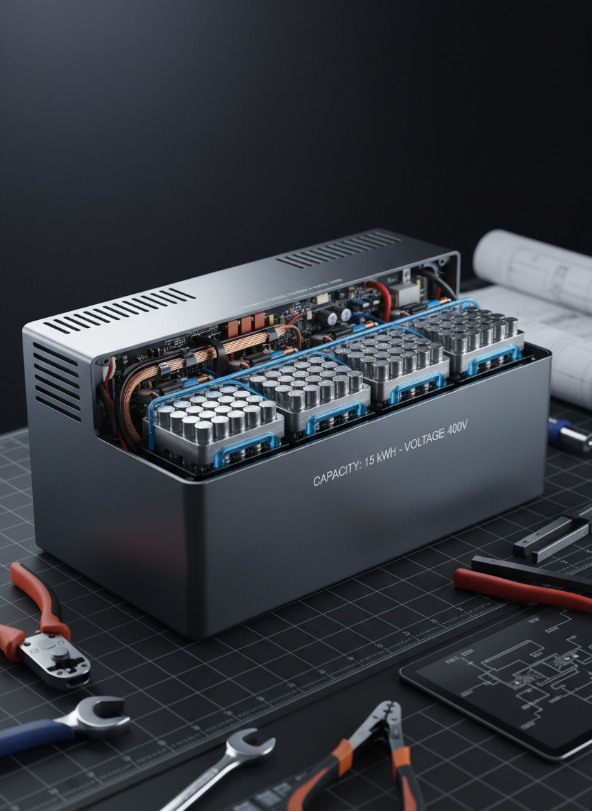 A close-up, cutaway-style view of a modular home battery pack, with several rectangular battery modules partially exposed to reveal structured cell arrays, cooling channels, and robust cabling. The outer casing is smooth dark gray metal with precise ventilation slots and subtle engraved capacity markings. The unit sits on a matte black technical surface with faint grid lines, surrounded by neatly arranged tools and technical diagrams slightly out of focus. Cool, directional studio lighting from the side creates crisp highlights on metal edges and soft shadows in recesses. Captured with shallow depth of field and photographic realism, the mood is highly technical, precise, and educational, ideal for explaining how home batteries work inside.